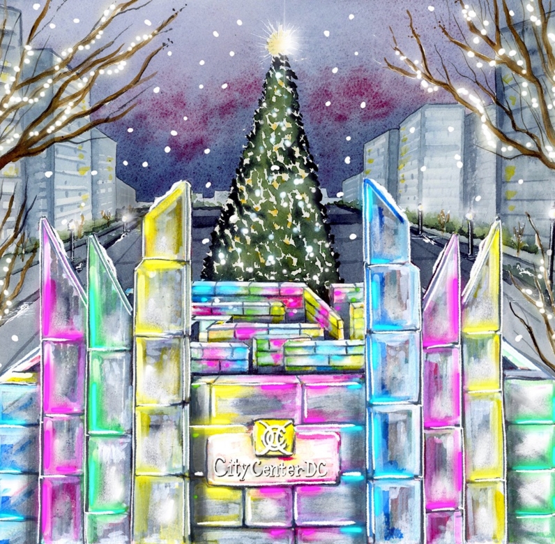 A colorful watercolor illustration of a an ice maze below the tree in the Park at CityCenterDC