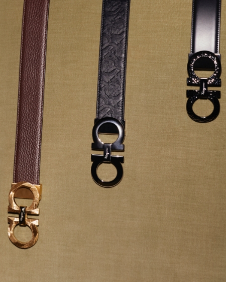 Three styles of leather belt with Salvatore Ferragamo's signature horse-bit buckle design.