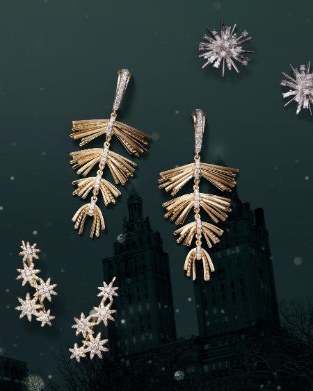 Three sets of earrings shaped like snow flakes, starbursts, and branches