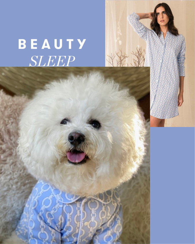 dog and female model wearing pajama set from Claire de Lune