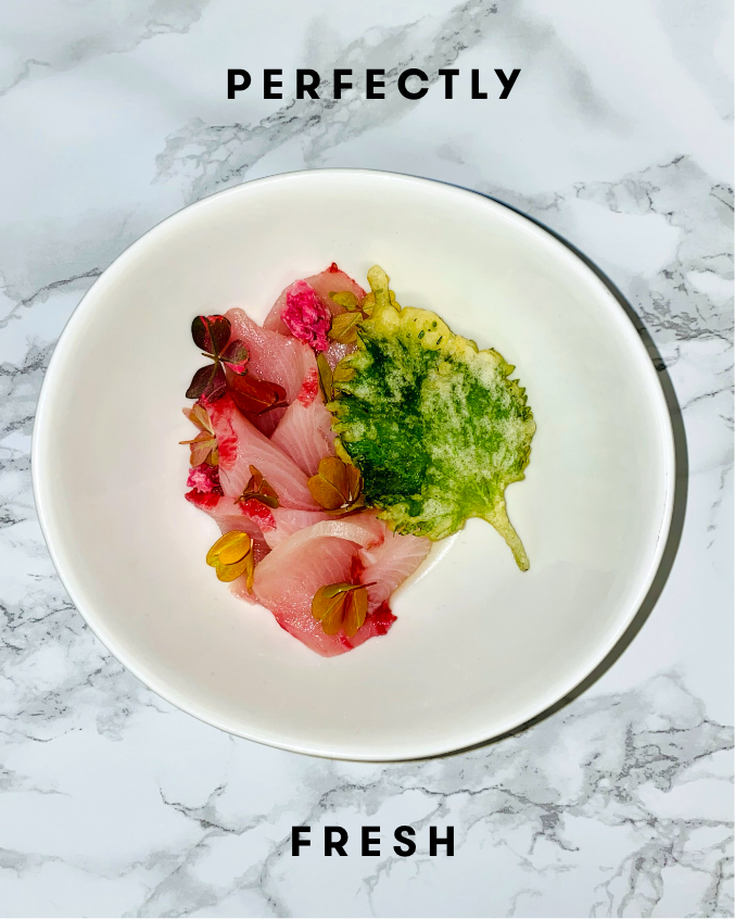 Sakura Leaf Hamachi on marble tabletop at DBGB in CityCenterDC