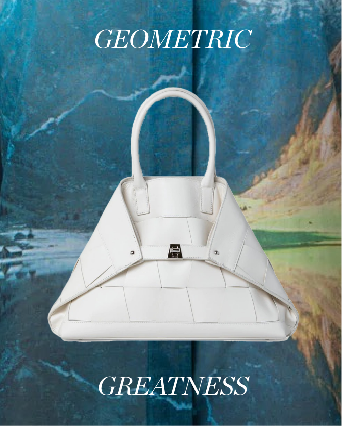 AKRIS Handbag on a mountain landscape background with copy that says "Geometric Greatness"