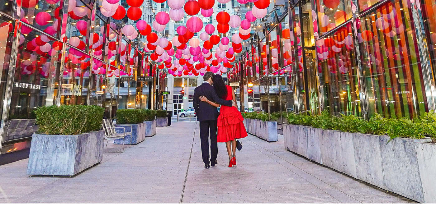 Couple In Palmer Alley under red&Pink lanterns for Valentine's day