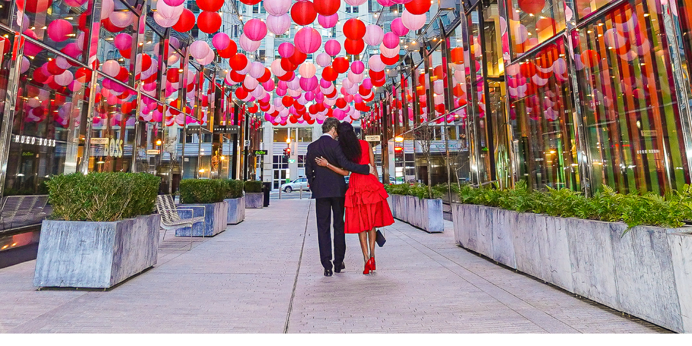 Couple In Palmer Alley under red&Pink lanterns for Valentine's day